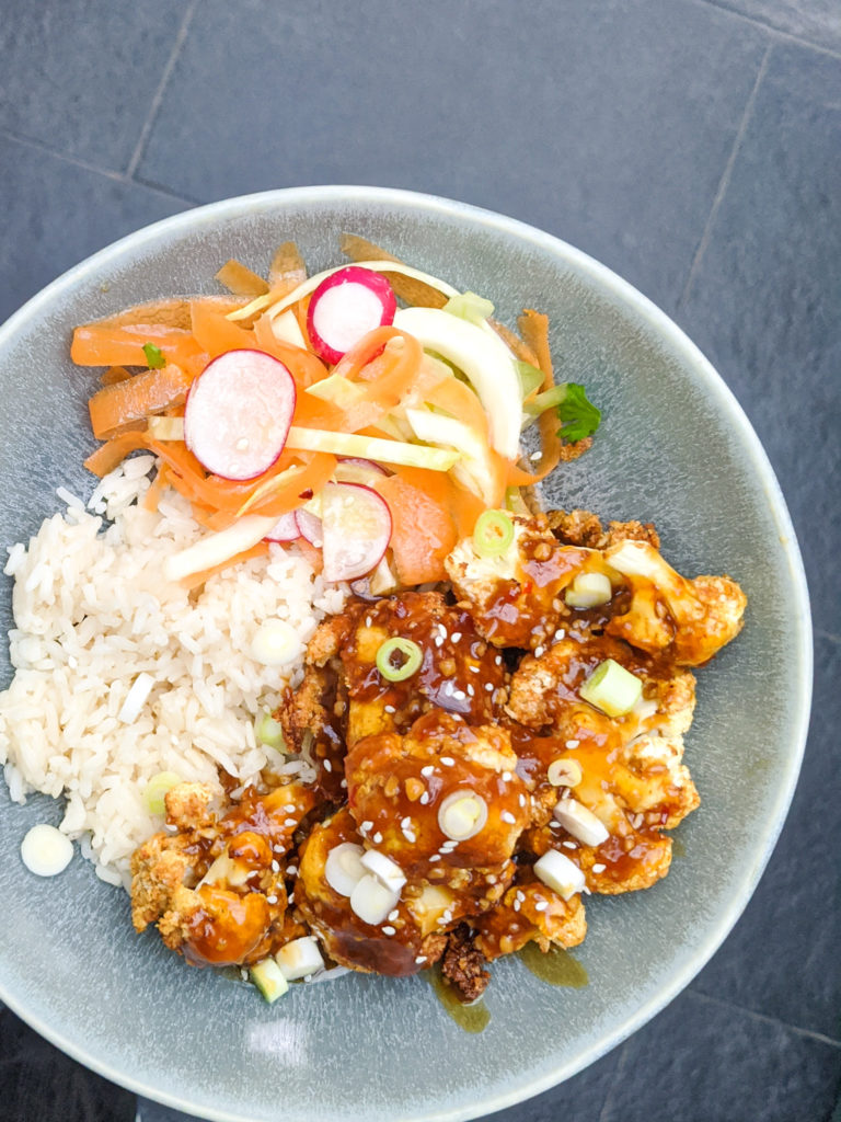 Sticky Sesame Cauliflower Bites & Asian Slaw