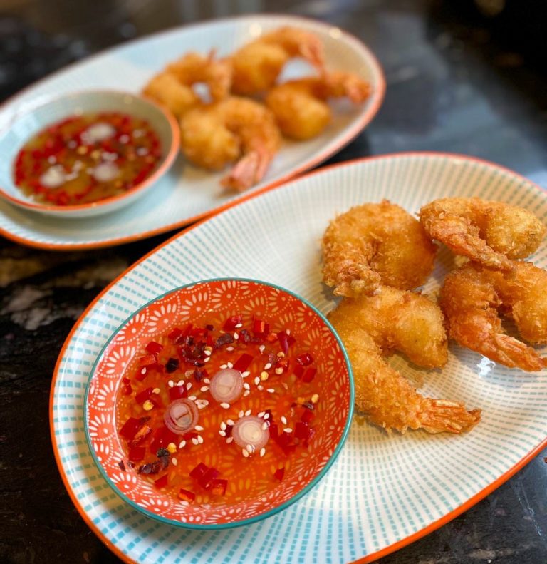 Coconut Panko Prawns and Sesame Greens